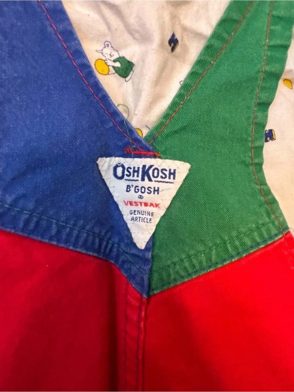 Vintage OshKosh B'gosh Bright Red Overalls with Green & Blue Accents and shirt